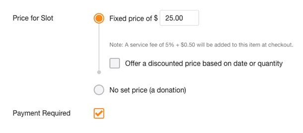 attach pricing and collect money settings for sign up slot