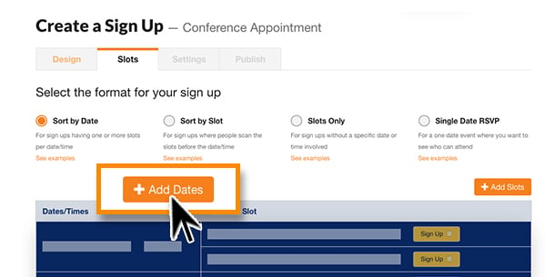 image from sign up wizard of selecting the add dates option