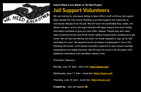 screenshot of jail support volunteers sign up with image text saying we need each other