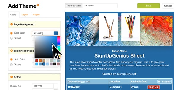 custom themes design builder colors palette sign ups