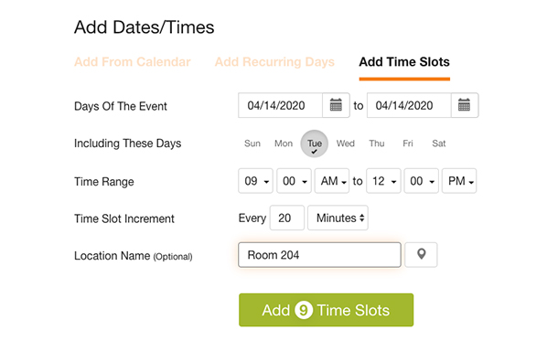 image from sign up wizard of add time slots feature