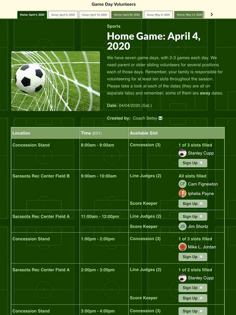 soccer sign up sheets