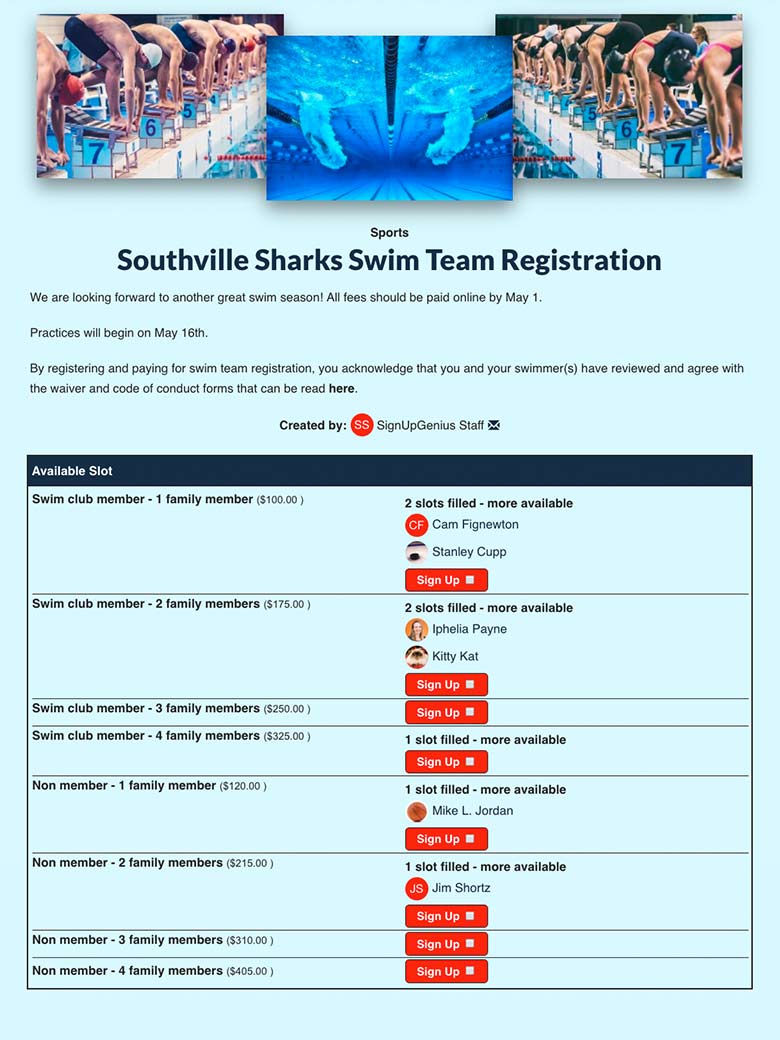 Register Swim Team Participants