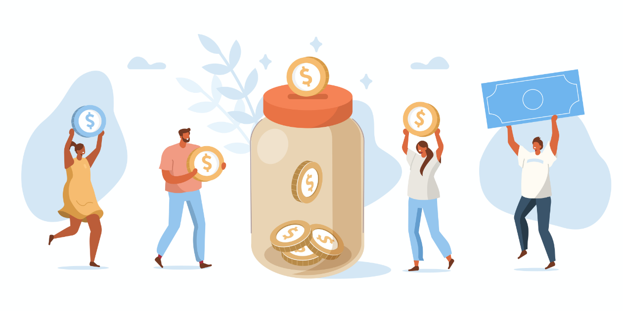 illustration of people putting coins and dollars into a jar