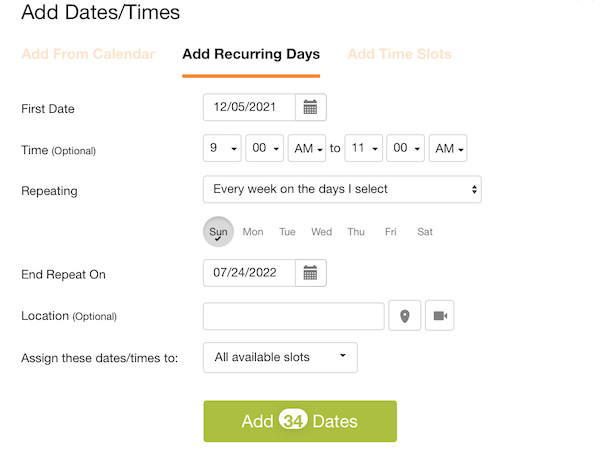screenshot of recurring dates tool