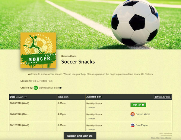 sample sign up for soccer snacks