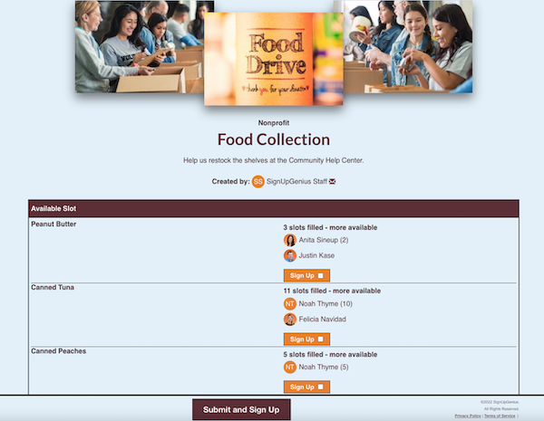 sample sign up for food collection