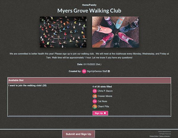 sample sign up for neighborhood walking club