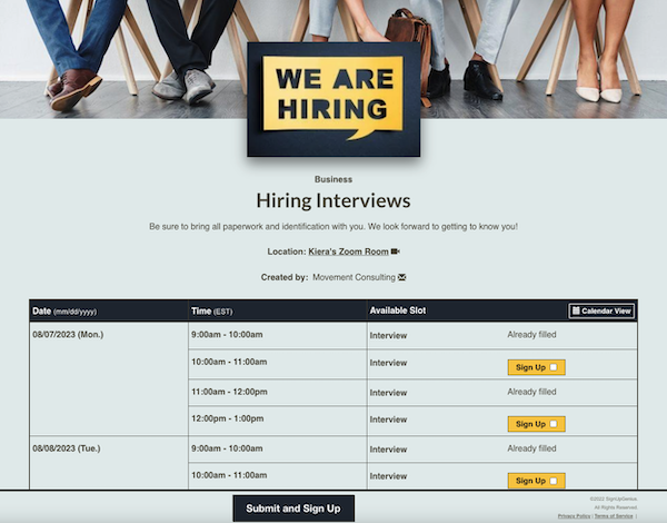 sample sign up for hiring interviews