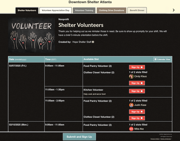 sample sign up for shelter volunteers