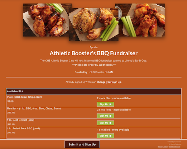screenshot of sign up for athletics booster fundraiser