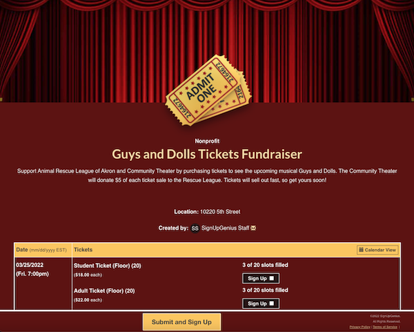 screenshot of guys and dolls ticket fundraiser sign up