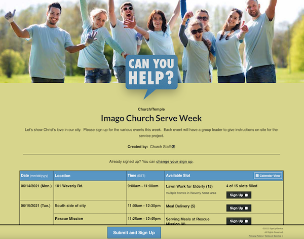 screenshot of serve week volunteer sign up