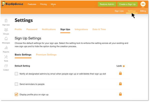 screenshot of sign up settings area