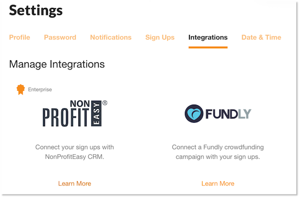 screenshot of integrations options