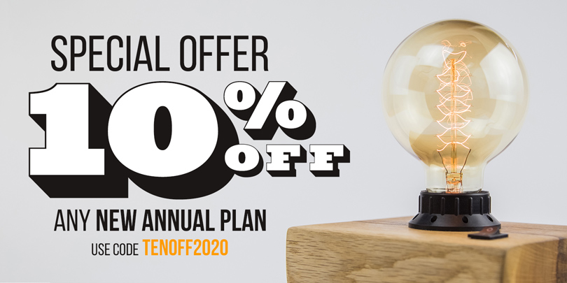graphic showing special offer ten percent off all annual premium plans with code TENOFF2020