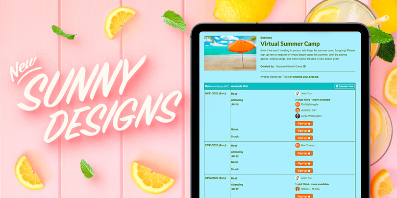 graphic of pink table with lemonade and tablet showing new summer themes
