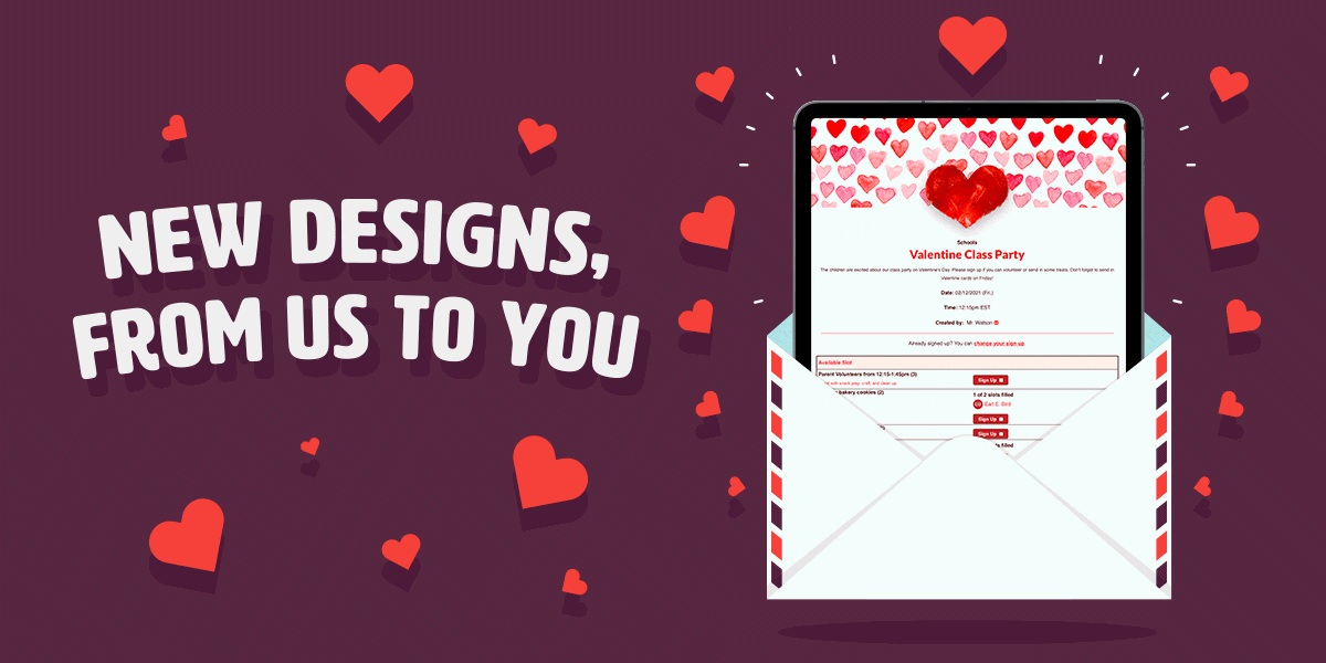New Designs, From Us to You - valentine's designs on an iPad in an envelope with bouncing hearts in the background
