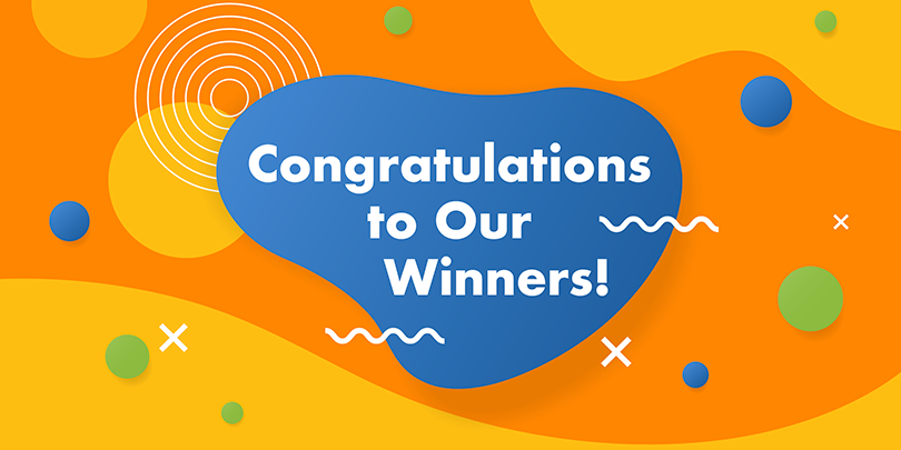 bright orange and blue graphic saying congratulations to our winners