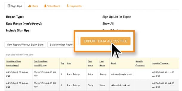 export data from sign up