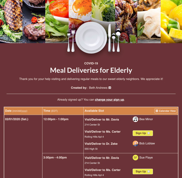 screenshot of meal deliveries for elderly sign up