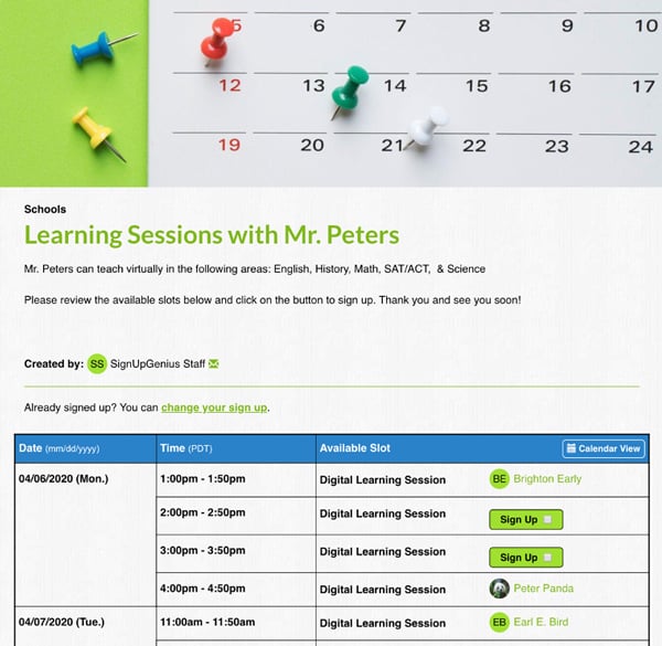 screenshot of online learning sessions with a teacher