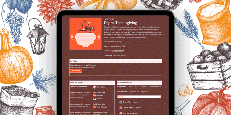 iPad on a festive Thanksgiving background displaying sign ups for Thanksgiving meal delivery, craft supplies, Zoom call scheduling, game leaders