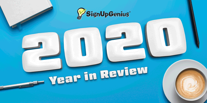 2020 year in review image with swirling latte in the bottom corner showing signupgenius light bulb
