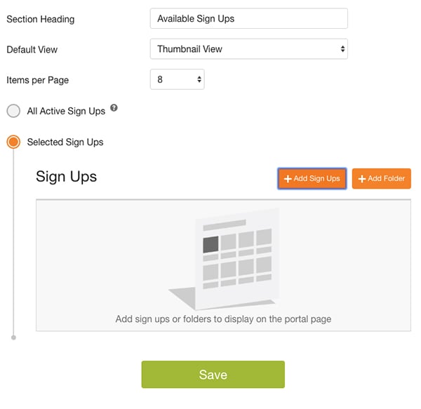 screenshot of adding selected sign ups to portal page