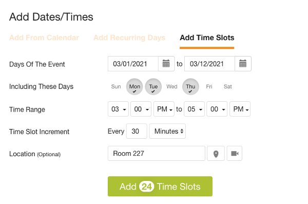 screenshot of sign up builder interface add time slots
