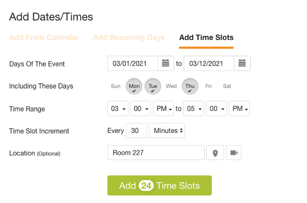 screenshot of time slot generator