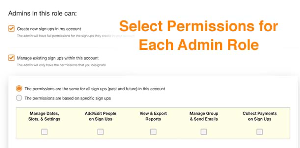 screenshot of account area assigning admin roles