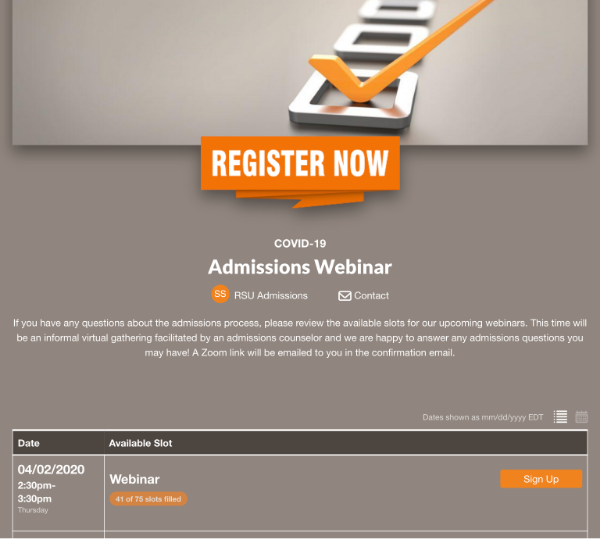 screenshot of admissions webinar sign up