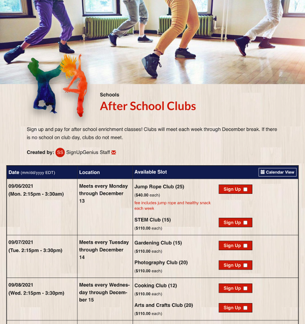 screenshot of after school clubs volunteer sample sign up