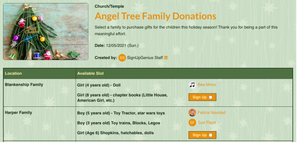 screenshot of angel tree donation sign up