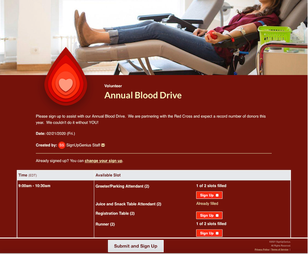 screenshot of annual blood drive sign up