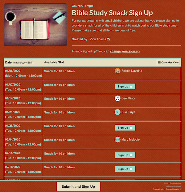 screenshot of bible study snacks sign up