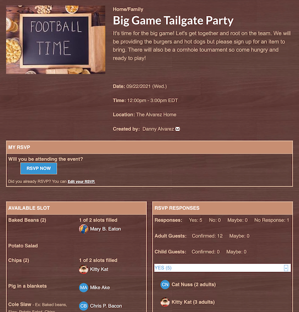 screenshot of big game tailgate party sign up