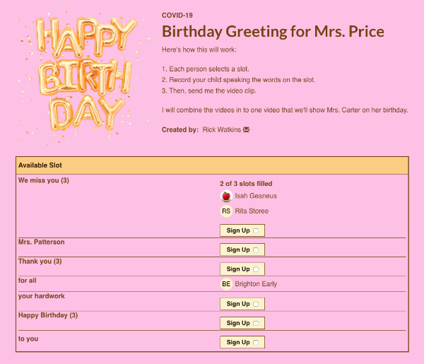 screenshot of birthday greeting sign up