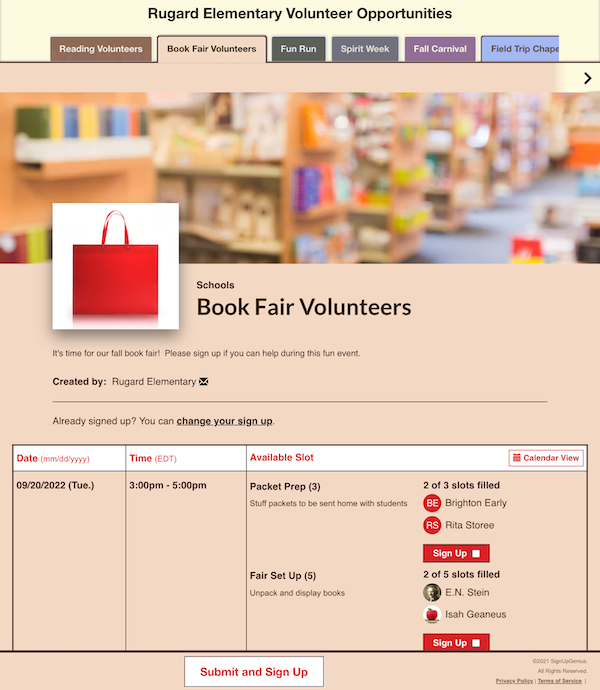 screenshot of book fair volunteer sign up