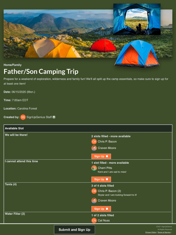 screenshot of father son group camping trip sign up