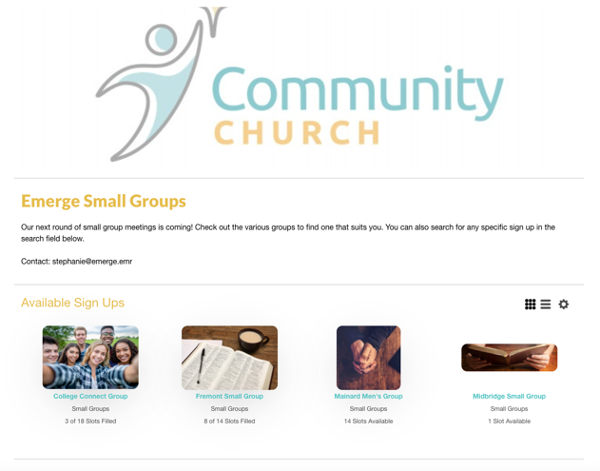 community church portal page with multiple sign ups on one page