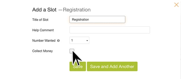 attach payment collect money feature to sign up slot selection