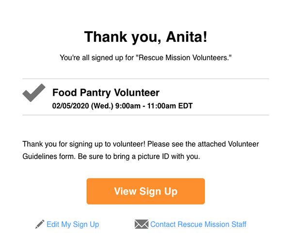 rescue mission volunteer confirmation email