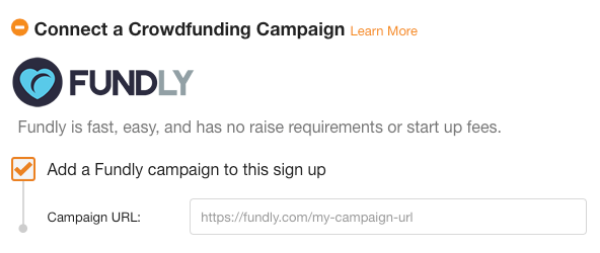 screenshot of option to connect a crowdfunding in sign up builder