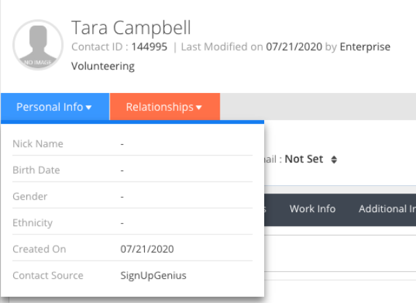 screenshot of nonprofiteasy contact card with contact source signupgenius