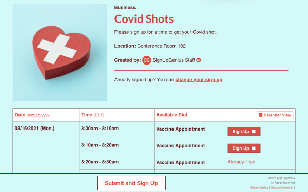 screenshot of sign up showing covid shot schedule