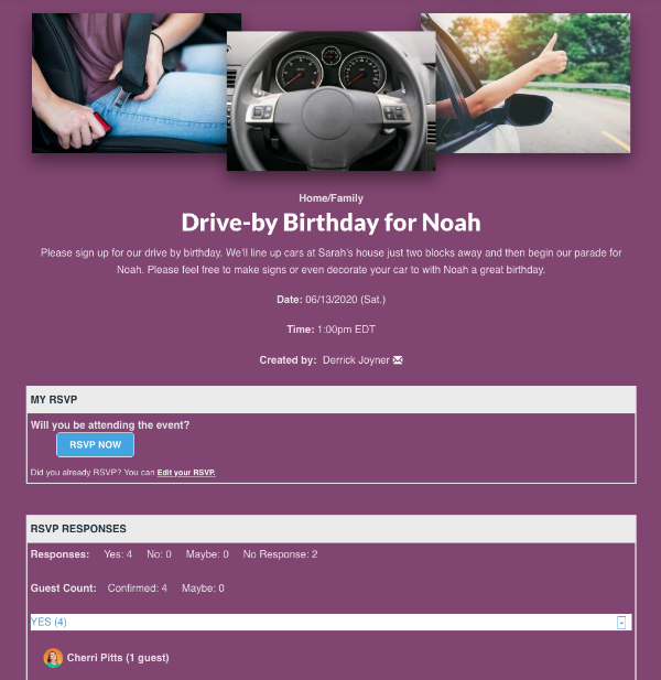 screenshot of drive-by birthday rsvp sign up