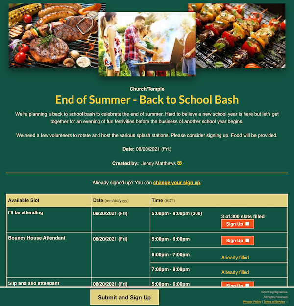 screenshot of end of summer cookout sign up