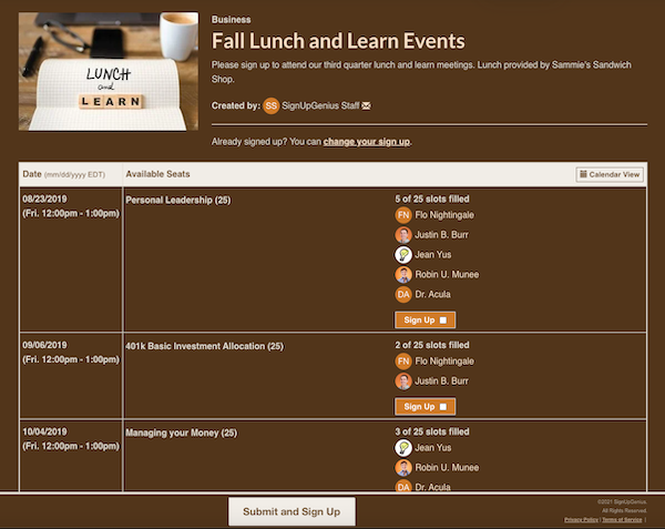 screenshot of fall lunch and learn sign up